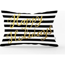 Rem Home Beyaz Zemin Üzerinde Siyah Çizgili Gold Yazılı Happy Holidays Yazılı Dikdörtgen Yastık Kılıfı