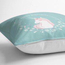 Rem Home Pembe Zeminli Happy Birthday Unicorn Desenli Bebek Odası Yastık Kılıfı