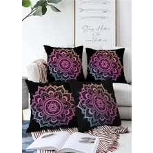 Rem Home Neon Mandala Tasarım Dijital Baskılı Modern 4'lü Çift Taraflı Raşel Örme Yastık Kırlent Kılıf Seti