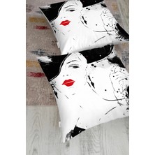 Rem Home Kırmızı Rujlu Siyah Beyaz Fashion Girl Motifli Yer Minderi