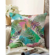 Rem Home Çift Taraflı Beyaz Zeminde Renkli Soyut Çizimli Yaprak Desenli Raşel Örme Yastık Kırlent Kılıfı