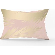 Rem Home Pastel Zemin Üzerinde Gold Detaylı Yaprak Desenli Modern Dikdörtgen Yastık Kırlent Kılıfı