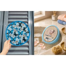D2listone Desenli Katlanabilir Yuvarlak Yazlık Taşınabilir Çantalı El Yelpazesi Mavi Kelebekler 25CM ve Kolajen Özlü Doğal Handmade Süngerli Sabun 135GR