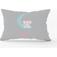 Rem Home Gri Zeminde Pembe Fil Desenli Baby Shower Bebek Odası Dikdörtgen Yastık Kılıfı