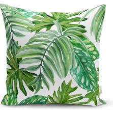 Rem Home Beyaz Zemin Üzerinde Yeşil Yaprak Desenli Yastık Kırlent Kılıfı