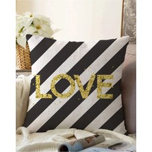 Rem Home Çift Taraflı Beyaz Zeminde Siyah Yatay Çizgili Gold Renkli Love Yazılı Raşel Örme Kırlent Kılıfı