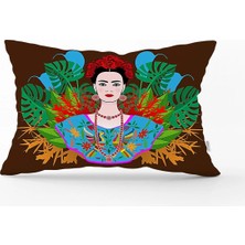 Rem Home Kahverengi Zeminde Özel Tasarım Frida Kahlo Baskılı Dikdörtgen Kırlent Kılıfı