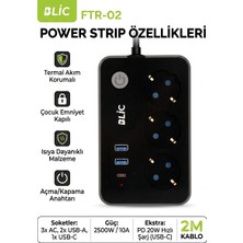 Hanedanev Termal Akım Korumalı 3\'lü Priz 2 Metre - 2 USB + 1 Type-C Hızlı Şarjlı Çoklu Priz 2500W Ftr-02 Blic