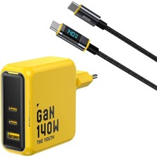 Youth 140W 3 Portlu Şarj Adaptörü, 140W LED Ekranlı Naylon Örgülü Süper Hızlı Şarj/data K