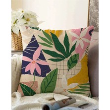 Rem Home Çift Taraflı Renkli Zeminli Yaprak Desenli Onedraw Çizim Dijital Baskılı Raşel Örme Kırlent Kılıfı