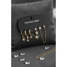 Svoria Store 316L Çelik Gold Renk Zirkon Taşlı Yıldız Detaylı Zincirli Model Kadın Küpe Seti