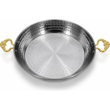 Abnturk 20CM Çekiç Dövme Pirinç Saplı Paslanmaz Çelik Yumurta Sahanı Şık Sunum ve Servis Tavası