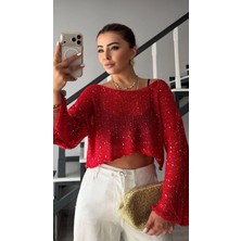 Elisin Kırmızı Pullu Salaş Triko Bluz