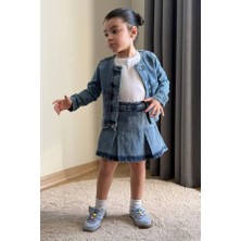 BoyBoy Kidswear Kız Çocuk Taş İşlemeli Denim Ceket ve Şort Etek 3'lü Takım Mavi