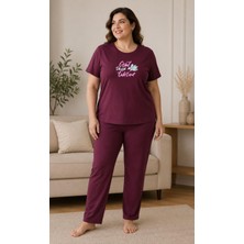 Sleeproom Büyük Beden Yazlık Great Things Take Time Bordo Pijama Takımı