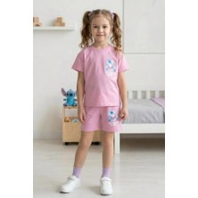 Kız Çocuk Stitch Baskılı Yazlık Tişört ve Şort Takım Pembe