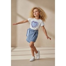 Kidsroom Kız Çocuk Kalp Aplikeli Tişört ve Denim Şort Etek Takım Mavi