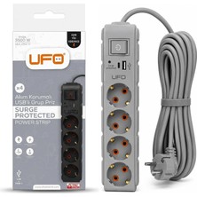 Rota Style Ufo Yeni 4lü Akım Korumalı Grup Priz 5 Metre Bakır Kablolu, 5V 2,4A USB Type-C ile Şarj, Anahtar