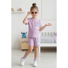 Kız Çocuk Stitch Baskılı Yazlık Tişört ve Şort Takım Lila