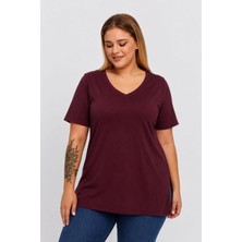 Sea Moda Büyük Beden V Yaka Yırtmaçlı Pamuk Basic Tshirt-Bordo