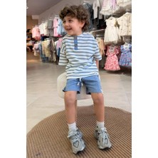 Defy Çocuk Çizgili Henley Yaka Tişört ve Şort Takım Mavi