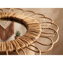 Hbs Art Design Doğal Hasır Örme Yuvarlak Duvar Aynası - Çiçek Motifli Boho Dekoratif Ayna (Dış Çap: 55 Cm)