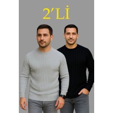 Demir Grup cc Erkek Fitilli Triko Kazak 2’li Set – Siyah - Gri, Kalın Dokuma Pamuklu Regular Fit Bisiklet Yaka Uzun Kollu Rahat Kışlık Kazak Kombini