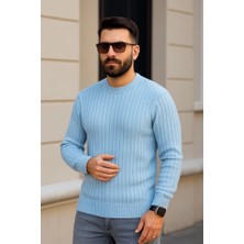 Demir Grup cc Erkek Bisiklet Yuvarlak Yaka Triko Kazak Pamuklu Kalın Fitilli Dokuma, Regular Fit Uzun Kollu Kışlık Model - Bebe Mavisi