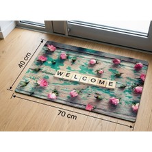 Hfs Home Dekorasyon Rustik Doğal Ahşap Kütük Desenli Welcome Yazılı Pembe Gül Desenli Dijital Baskılı Kaymaz Taban Kapı Önü Paspası 40X70 cm