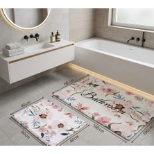 Hfs Home Dekorasyon  Klozet Takımı Turkuaz Deniz Kabuğu Desenli Vintage Çiçekli Yazı Detaylı Banyo Seti Paspas Banyo Paspas Takımı 2'li Pamuk Dokuma Kaymaz Taban 60X100 cm ve 40X60 cm