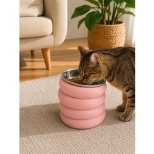 Basart Kedi Mama Kabı Yükseltici Ergonomik Boyun Dostu Beslenme Standı Paslanmaz Çelik Kase Dalgalı Tasarım