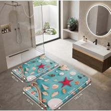 Hfs Home Dekorasyon  Klozet Takımı Turkuaz Deniz Kabuğu Desenli Vintage Çiçekli Yazı Detaylı Banyo Seti Paspas Banyo Paspas Takımı 2'li Pamuk Dokuma Kaymaz Taban 60X100 cm ve 40X60 cm