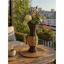 NEVVALİFE Rattan Çok Amaçlı Dekoratif Hasır Vazo-El Yapımı Modern Şık Tasarım Vazo Kahverengi Üst Tarafı Bej Renk 29 cm