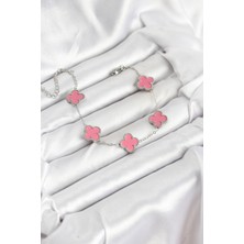 Kentex 316L Çelik Gümüş Zincir Pembe Renk Yonca Bileklik