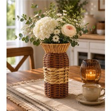 NEVVALİFE Rattan Çok Amaçlı Dekoratif Hasır Vazo-El Yapımı Modern Şık Tasarım Vazo Kahverengi Orta Kısımlar Bej Renk 19 cm