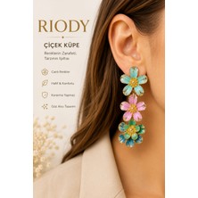 Riody Renkli Çiçek Küpe Gold Detaylı Sallantılı Kadın Küpe Hafif Şık Günlük ve Özel Gün Takısı