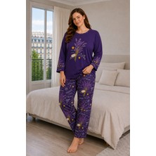 Büyük Beden Kadın Kısa Kollu Pijama Takımı Mor, Çiçek Desenli Rahat Kalıp Yumuşak Kumaş Ev Giyim