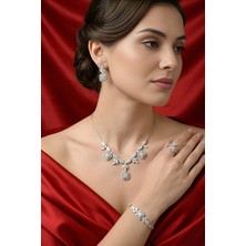 Luceven 925 Ayar Gümüş Baget Zirkon Taşlı 4'lü Set Kolye, Yüzük, Bileklik, Küpe