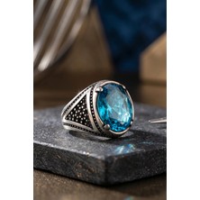 Luceven 925 Ayar Gümüş Mavi Topaz Taşlı El Işçiliği Erkek Yüzük