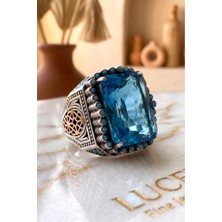 Luceven 925 Ayar Gümüş Doğal Mavi Topaz Taşlı Özel Tasarım Erkek Yüzük