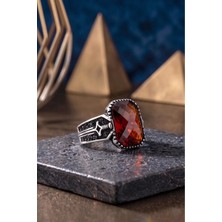 Luceven 925 Ayar Gümüş Kırmızı Paraiba Taşlı Yanları Kılıç Motif Gümüş Erkek Yüzük