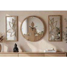 Ergeç Tasarım Lotus Meditasyon Aynalı Pleksi Dekoratif Duvar Saati ve Panel Seti 3 Parça 40 cm – Siyah / Atlantik Çam