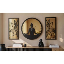 Ergeç Tasarım Lotus Meditasyon Gold Aynalı Pleksi Dekoratif Duvar Saati ve Panel Seti 3 Parça 40 cm – Siyah / Atlantik Çam