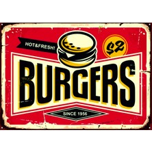Lucena Retro Hamburger Tasarımlı Ahşap Mdf Tablo Duvar Dekoru Eskitme Cafe Mutfak Tabelası Levha