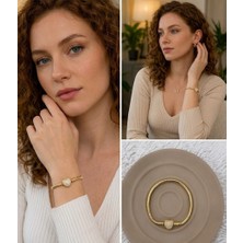 Fm 💎 Premium Gold Renk Parlak ve Modern Taş Detay Kalp Figür Zirkon Charm 316L Çelik Bileklik (~18cm)