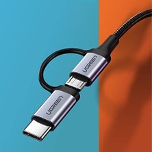 2'si 1 Arada Örgülü Type-C Micro USB Şarj ve Data Kablosu 1 Metre