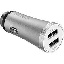 HY-X62 3.4A Hızlı Şarj Micro USB Kablolu 2 USB Metal Araç Şarj Cihazı, Gümüş