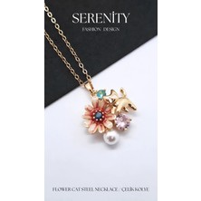 Serenity Çiçekli Kedi Figür Çelik Kolye