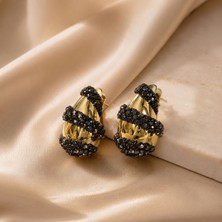 Gold Damla Form Siyah Zirkon Taşlı Statement Kadın Küpe – Şık Tasarım Küpe