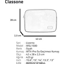 Peri Store WSL1500 Livorno Serisi 15.6'' Su Geçirmez Kumaş ve Su Geçirmez Fermuar Notebook, Laptop, Taşıma Kılıfı -Siyah